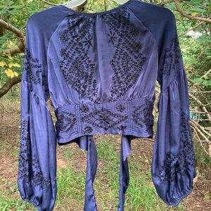 Free People Indigo blue silk embroidered poet sleeve top blouse S $98